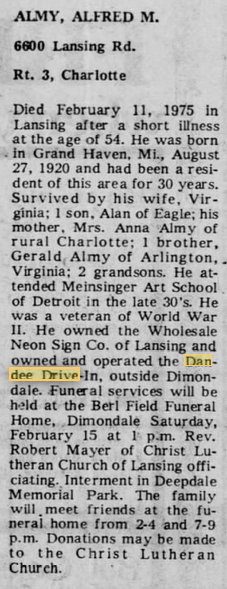 Dandee Drive-In - Feb 1975 Obituary For Alfred Amy - Owner (newer photo)